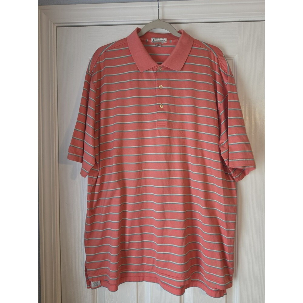 Peter Millar Golf Polo Shirt Men XL Coral Blue Striped Short Sleeve 100%  Cotton